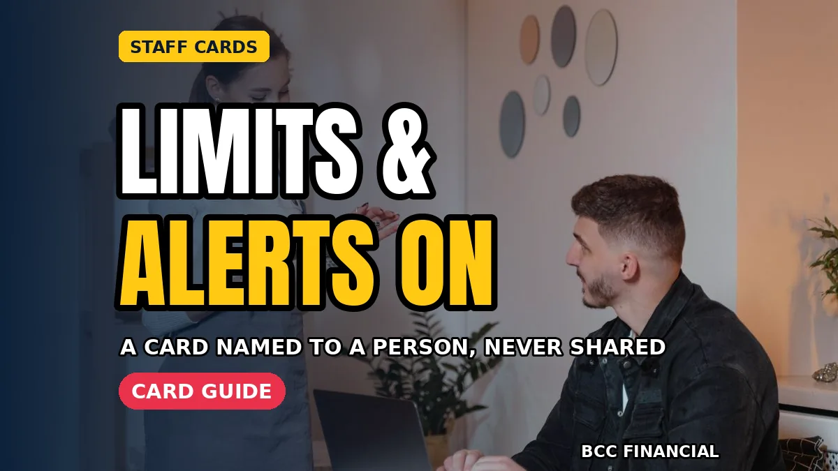 American business owner handing a staff card to an employee beneath a headline about business debit card controls staff spending limits and alerts