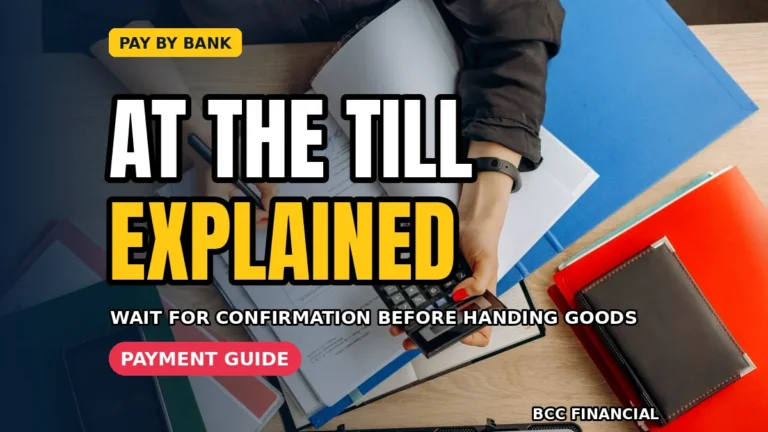 pay by bank account to account payments business guide showing a smiling American shopkeeper helping a customer pay from a bank account at the till