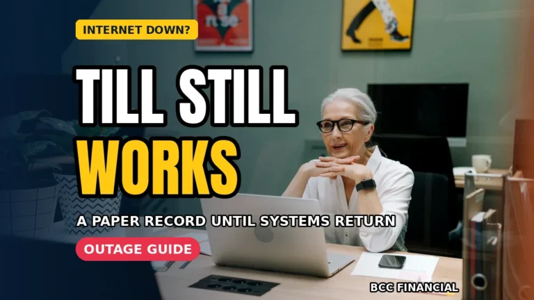 business internet outage payments records till guide showing a calm American cashier writing paper sale records in a small shop while the internet is down