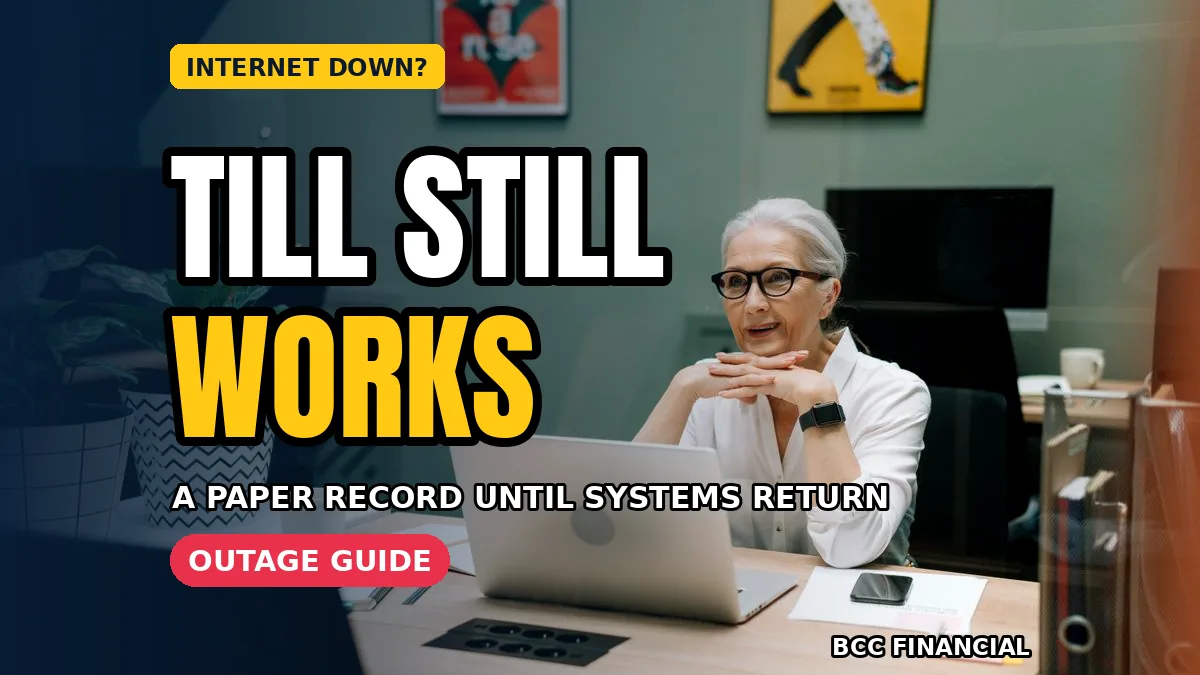 business internet outage payments records till guide showing a calm American cashier writing paper sale records in a small shop while the internet is down