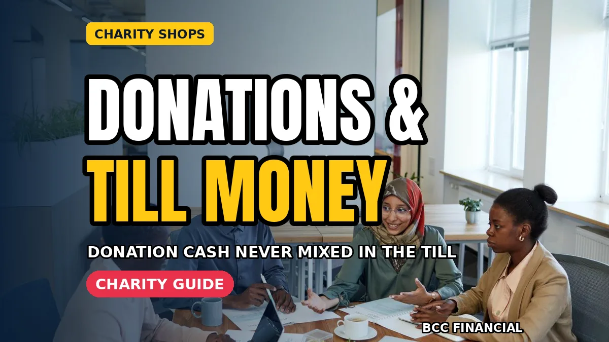 cash handling charity thrift shop volunteers guide showing a smiling American volunteer counting donation cash separately at a thrift store counter