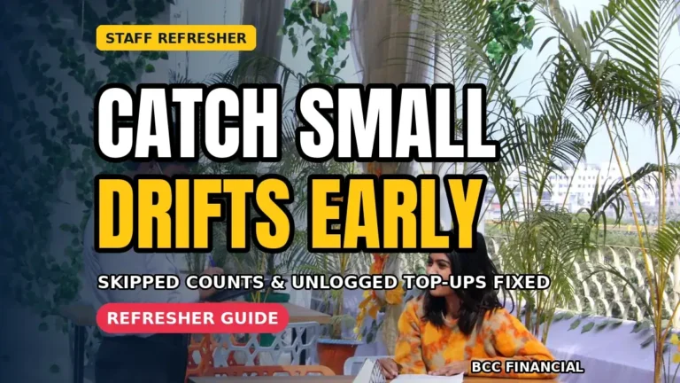 cash handling refresher training experienced staff guide showing an American shop manager running a paired cash count practice with two experienced cashiers