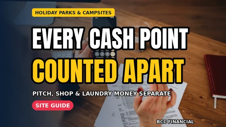 Site owner reviewing cash collection holiday park campsite business takings at a reception desk on a busy summer evening