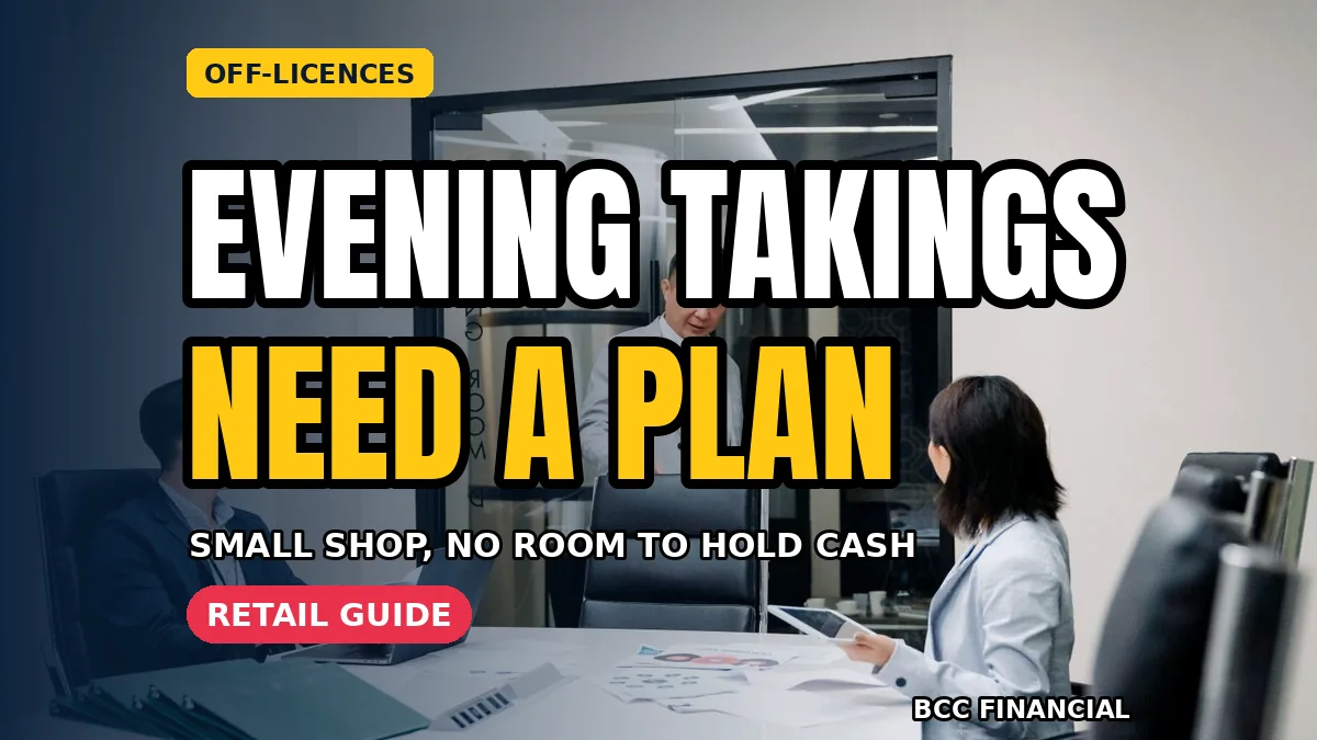 Shopkeeper following a cash collection off licence bottle shop business routine at a small counter late in the evening