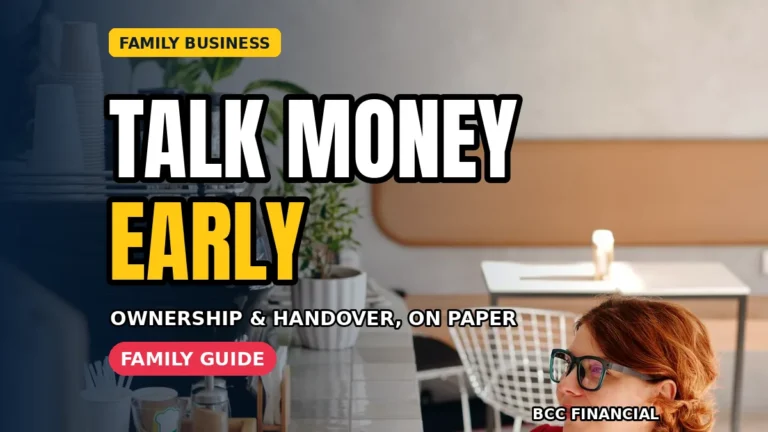 A family discussing family business succession money conversations basics around a table with ownership paperwork