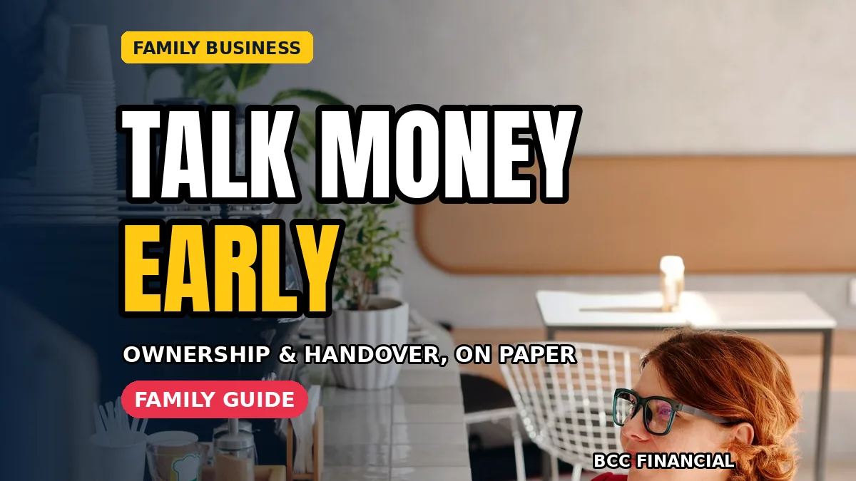 A family discussing family business succession money conversations basics around a table with ownership paperwork
