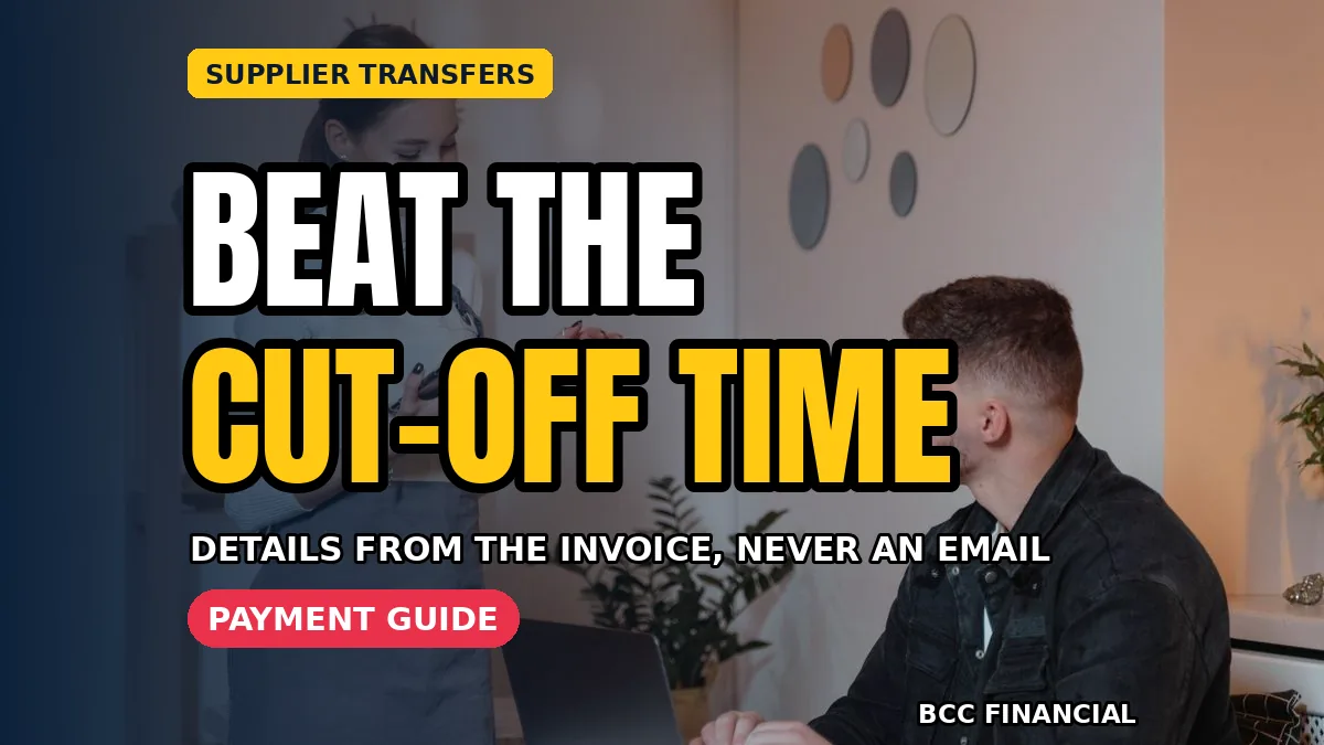 A business owner checking supplier bank transfer cut off times mistakes before sending a payment online