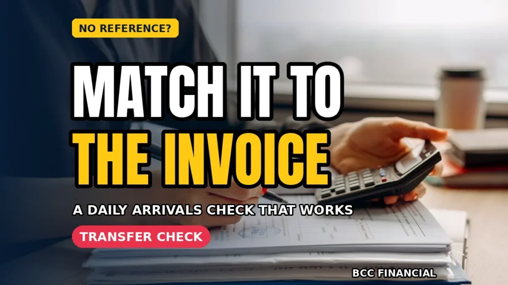 A business owner reviewing an invoice and bank statement at a tidy desk with a laptop and calculator