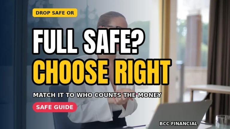 Shop owner comparing options for a drop safe vs full safe small business choice beside a counter