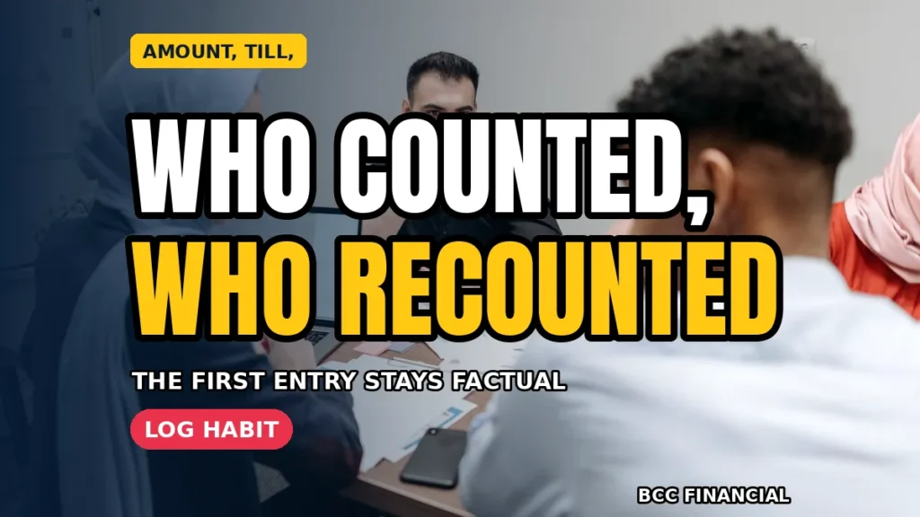 A supervisor recording figures in a notebook next to a till count sheet at closing time