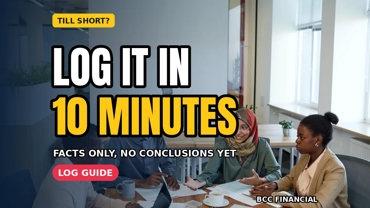 Manager writing notes for a cash discrepancy incident log what to record beside a closed till