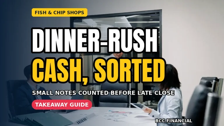 Happy takeaway owner beside the till showing cash collection fish and chip shop takeaway service on a busy evening