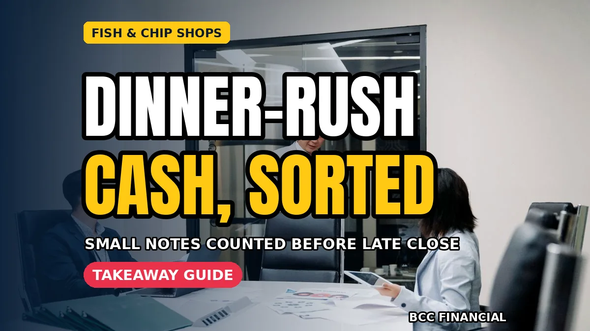 Happy takeaway owner beside the till showing cash collection fish and chip shop takeaway service on a busy evening