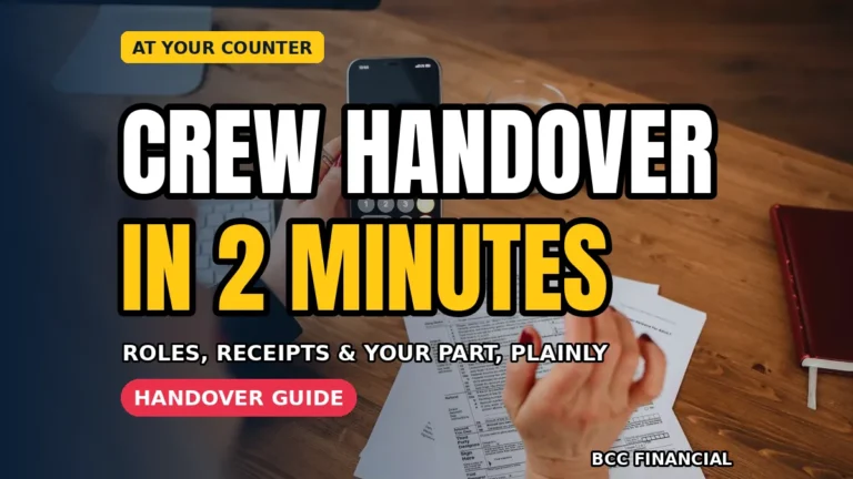 Business owner checking paperwork during cash collection crew handover roles receipt at a shop counter
