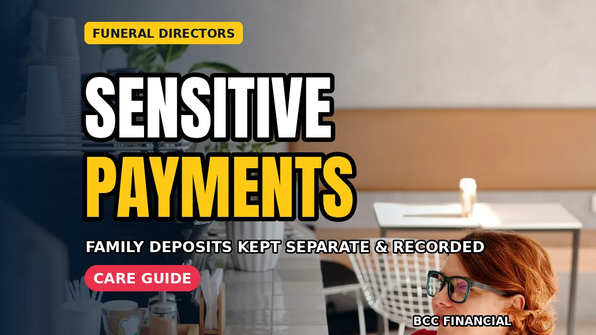 Funeral director reviewing paperwork calmly showing cash collection funeral director business payments in a quiet office