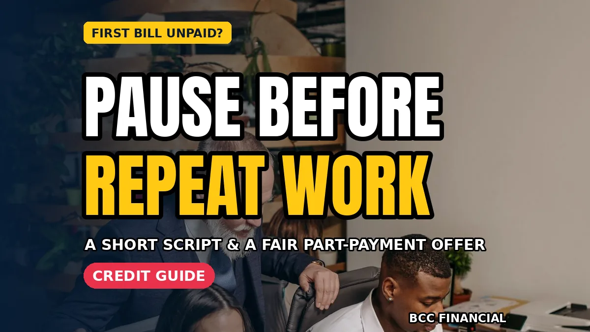 Small business owner reviewing an overdue invoice showing unpaid first invoice repeat customer credit control at a desk