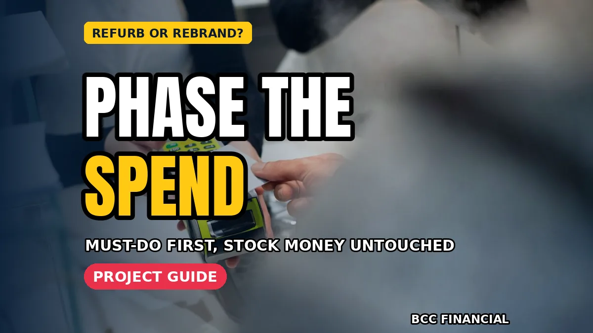 Shop owner reviewing business refurbishment rebrand cost planning cash notes in a store before renovation