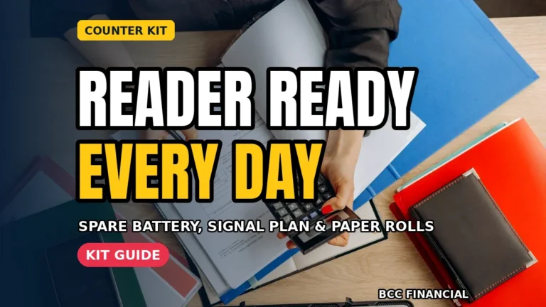 Shop assistant at a bright counter demonstrating card reader backup kit counter payments preparation with spare battery and rolls