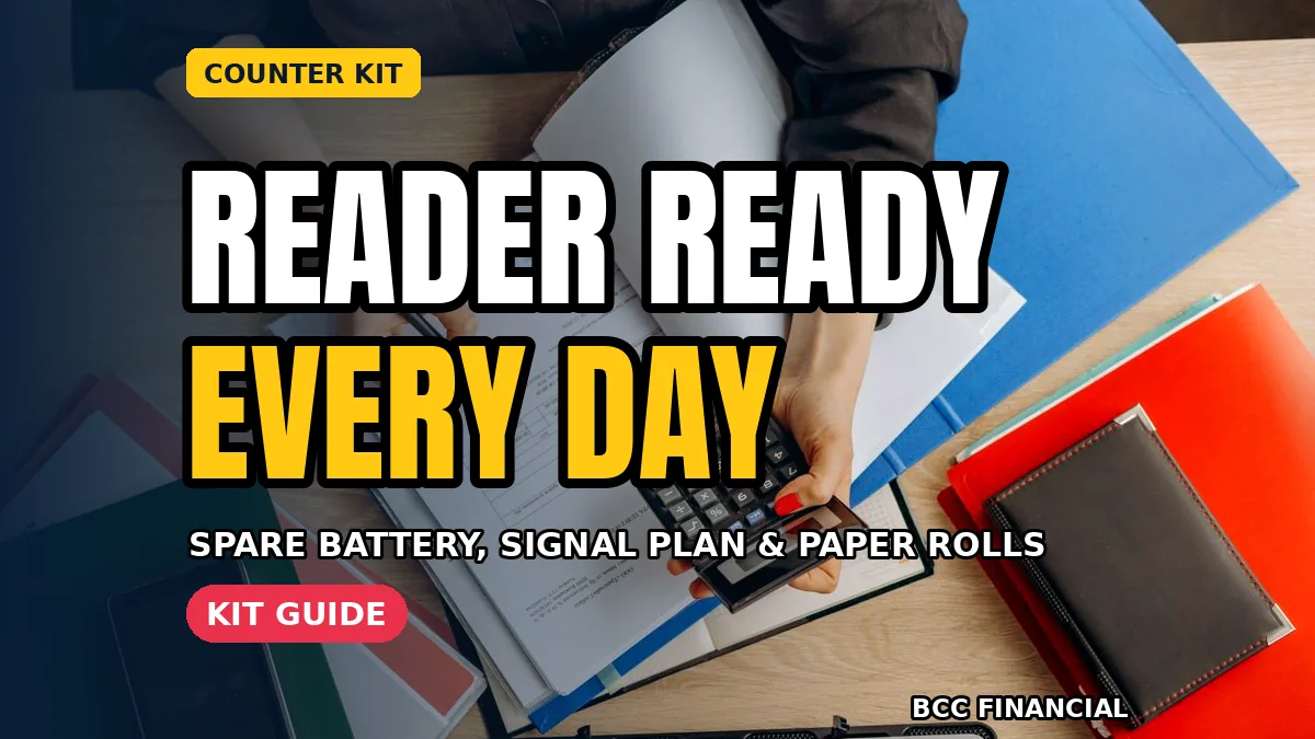 Shop assistant at a bright counter demonstrating card reader backup kit counter payments preparation with spare battery and rolls