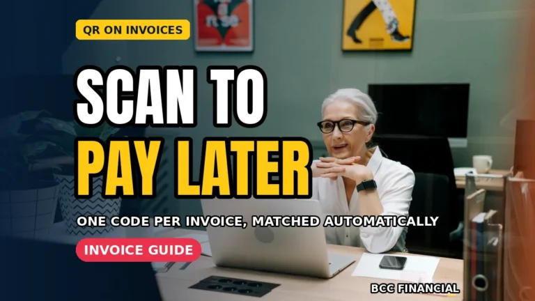 Tradesperson handing a customer a paper bill showing qr code on invoice payment small business scan area beside the total