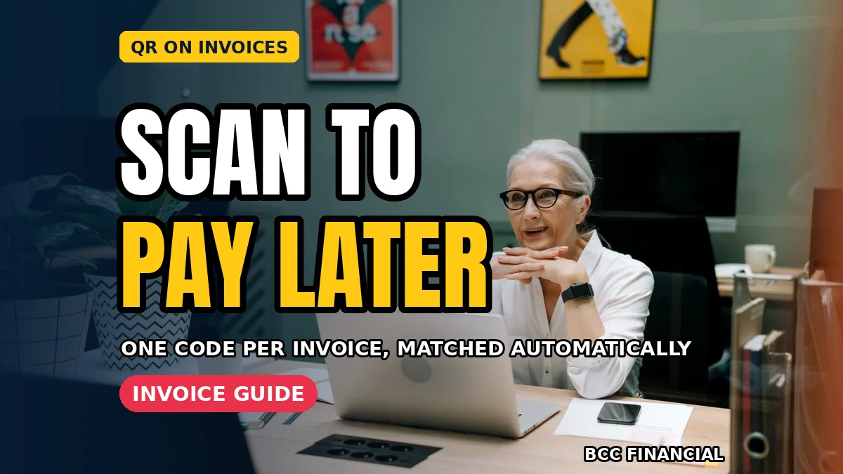 Tradesperson handing a customer a paper bill showing qr code on invoice payment small business scan area beside the total