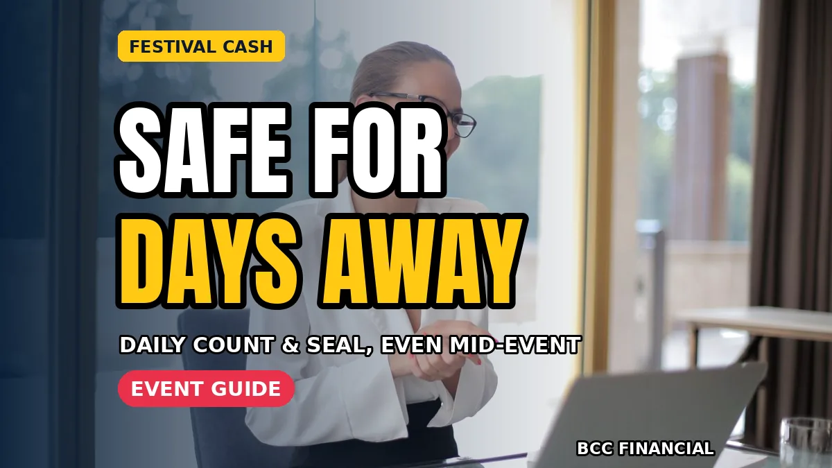 Festival stallholder counting takings carefully while learning cash handling multi day festival fair takings routines at a market stall