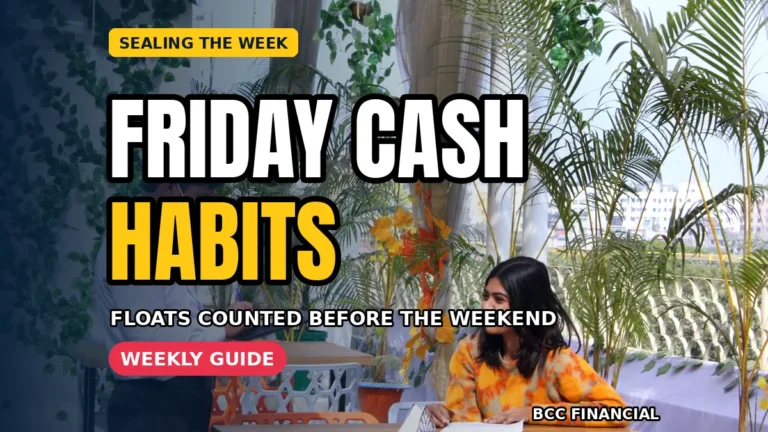Two shop staff sealing the week's takings using a friday cash handling routine weekly reconciliation summary at closing time