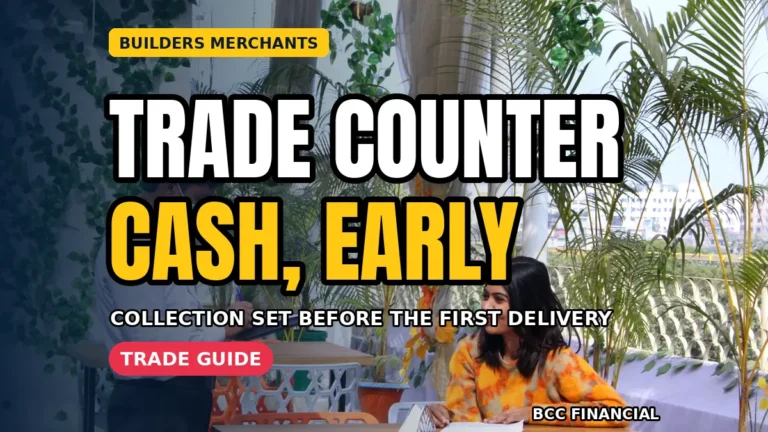 Staff member at a trade counter with headline about cash collection builders merchant trade counter routines for early opens