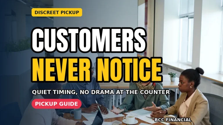 Customer area in a small business with headline about discreet cash collection pickup customer area habits and calm handovers