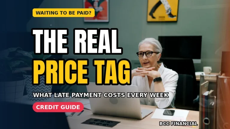 Small business owner reviewing invoices with headline about cost of late payment small business hidden costs counted from real records