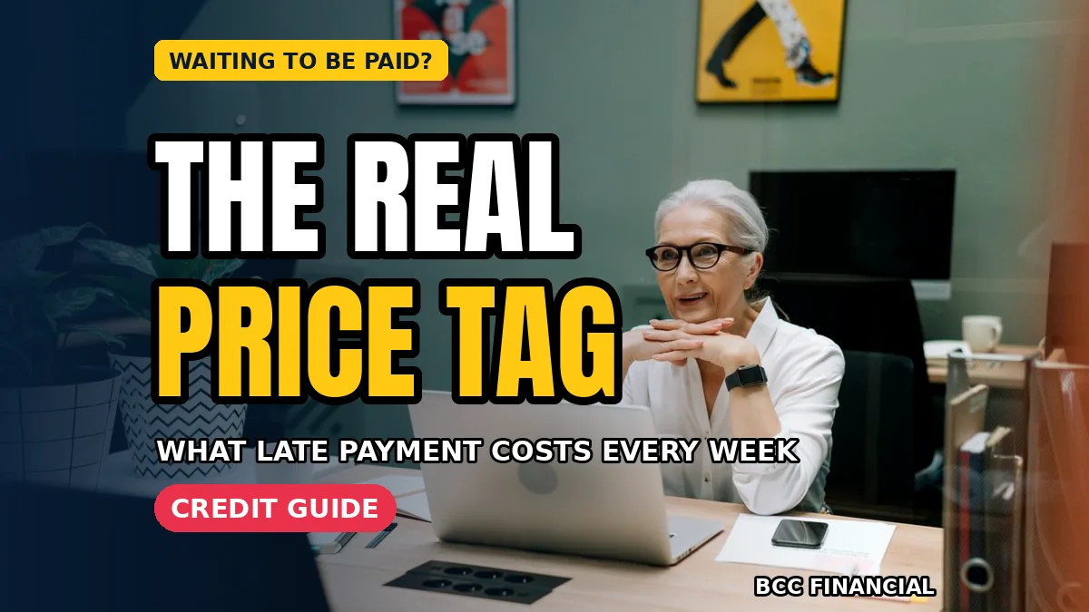 Small business owner reviewing invoices with headline about cost of late payment small business hidden costs counted from real records