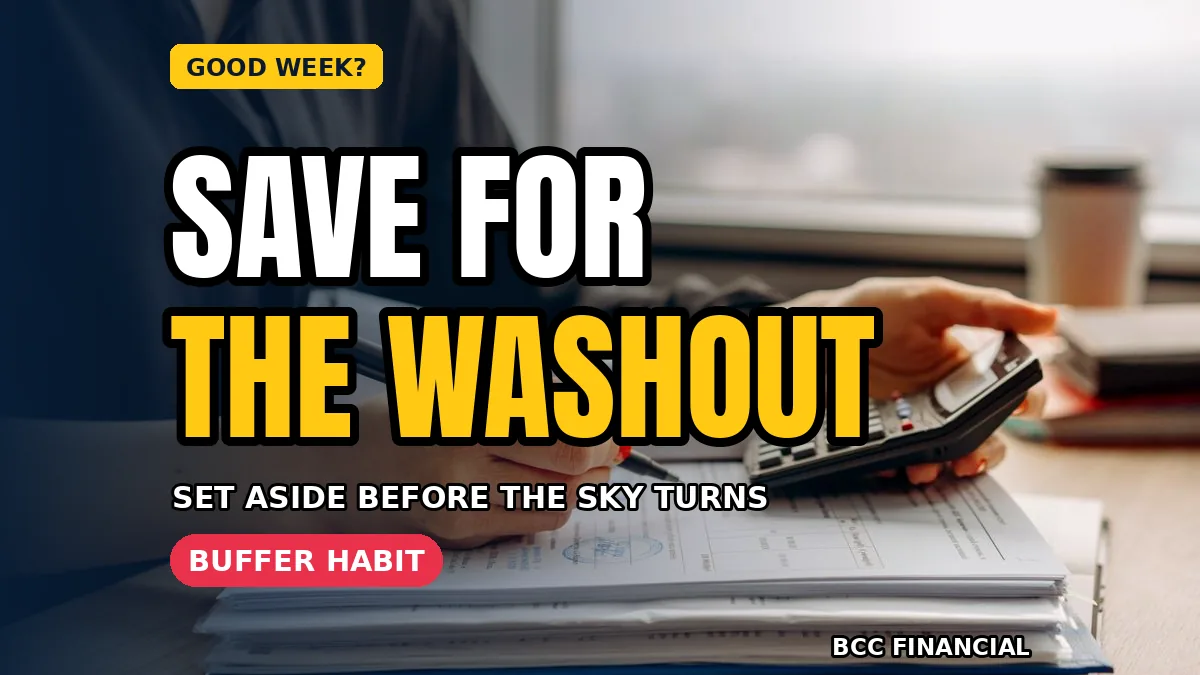 Notebook listing continuing weekly business costs beside a separate savings pot built during fine weather weeks
