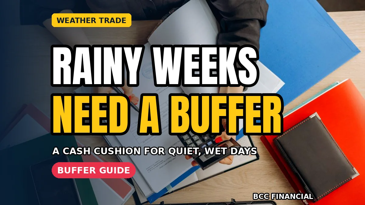 Outdoor worker looking at changing skies with headline about weather dependent business cash flow buffer planning for washed out weeks