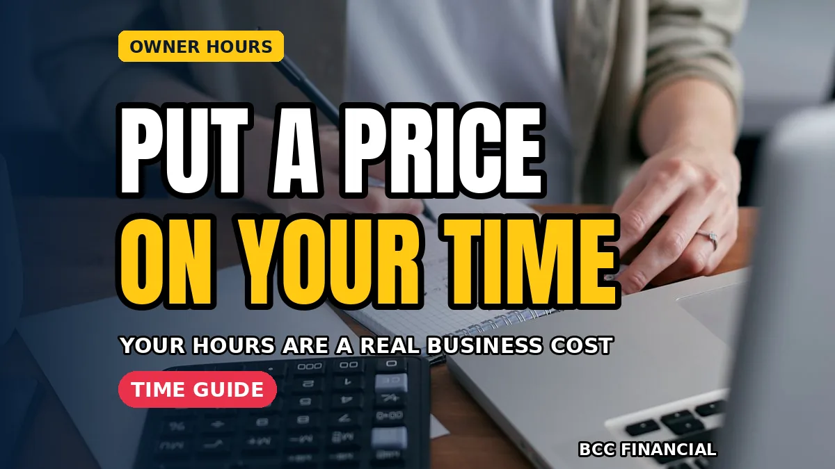 Designed graphic about owner time cost small business decisions showing a business owner writing an hourly figure beside a list of routine tasks