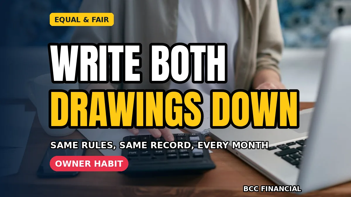 Two business partners comparing monthly drawing totals in a shared notebook at month end