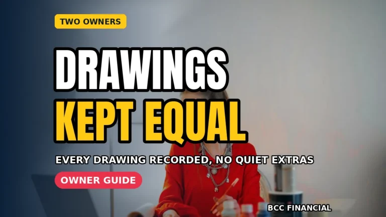 Designed graphic about business partner drawings withdrawals records showing two business partners reviewing a shared withdrawals log together