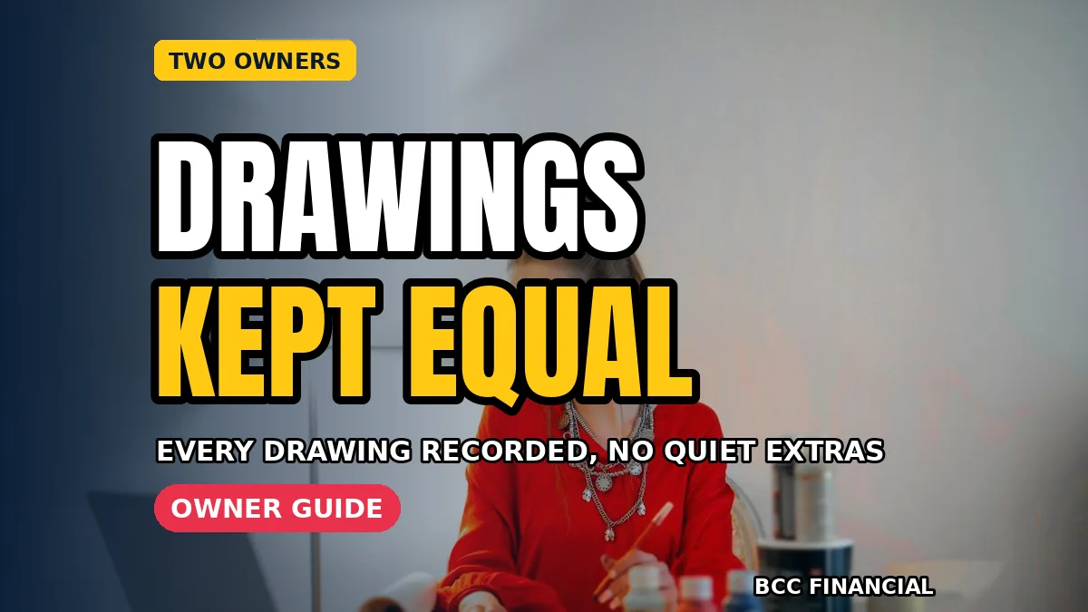 Designed graphic about business partner drawings withdrawals records showing two business partners reviewing a shared withdrawals log together