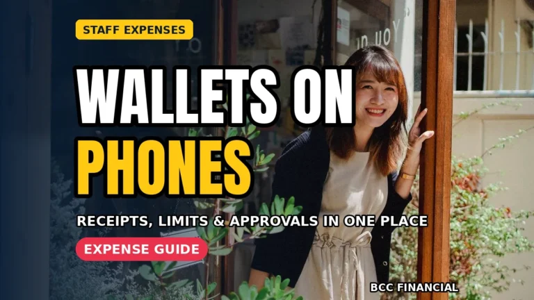Designed graphic about staff mobile wallet expenses receipts limits showing a staff member photographing a receipt beside a phone wallet payment