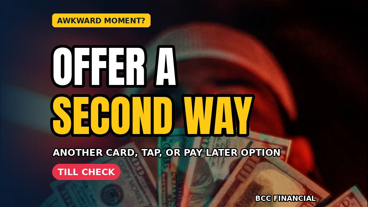 Shop worker quietly offering a customer another payment method at the till without drawing attention