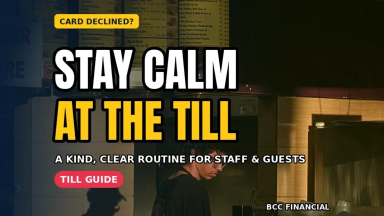 Counter assistant using card declined at till customer handling business routine calmly at a shop till
