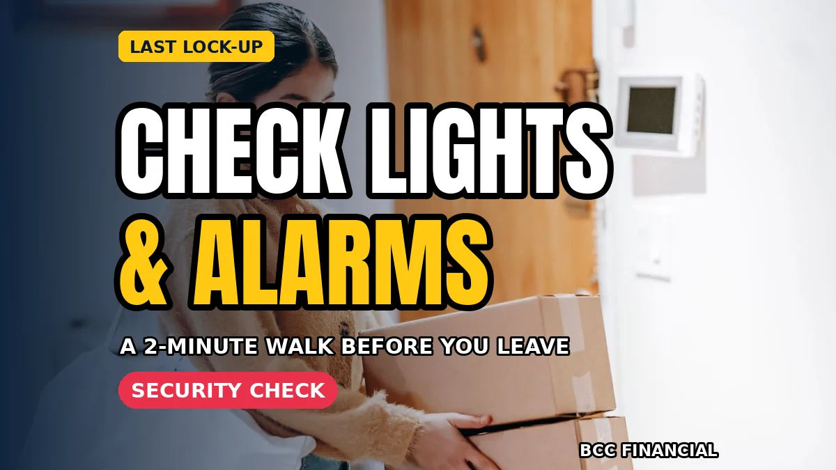 Staff member testing entrance lighting and a door lock during a monthly premises security walk around