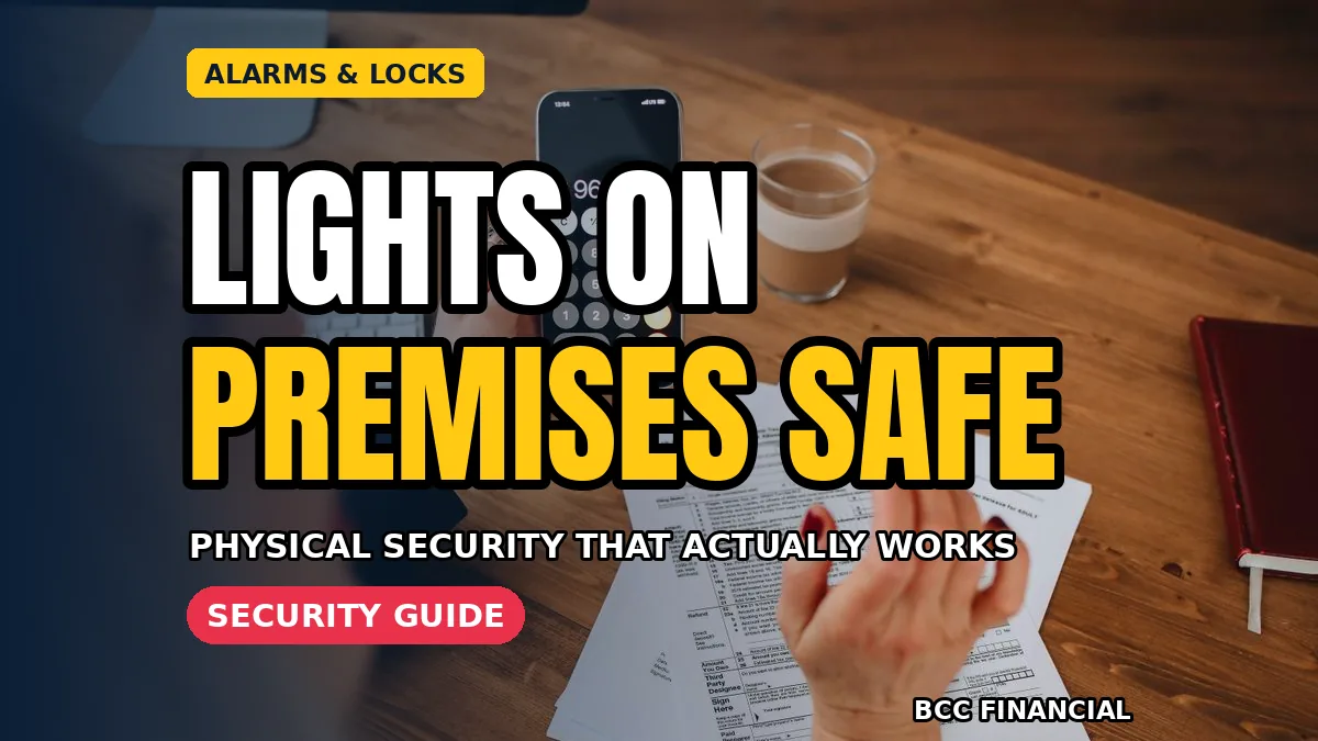 Owner checking business premises security alarm lighting locks cash basics outside a shop at closing time