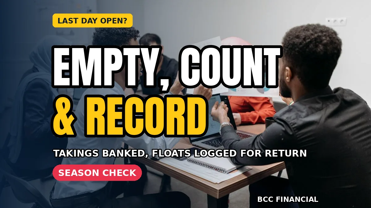 Two staff members witnessing and recording a final till count during a seasonal business shutdown