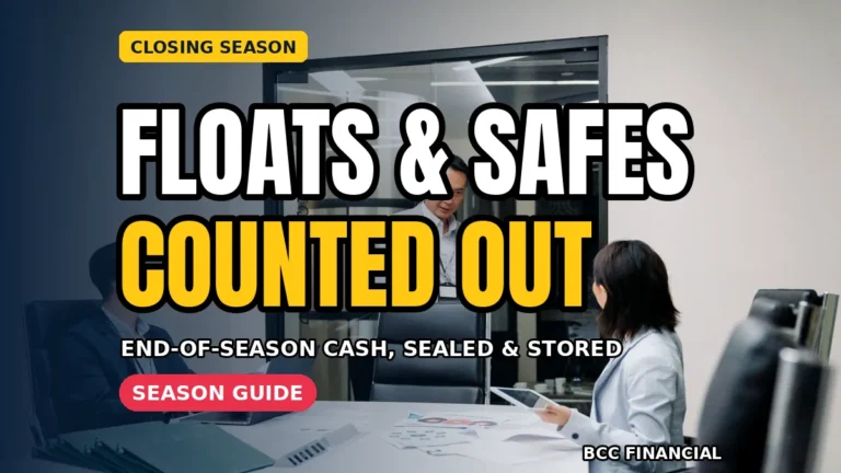 Owner following seasonal business closing cash floats safe routine while emptying tills at a closed seasonal shop