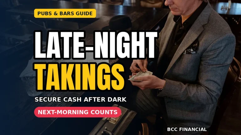 Bar manager counting the night takings at close, with headline text about a cash collection pubs bars late night takings routine