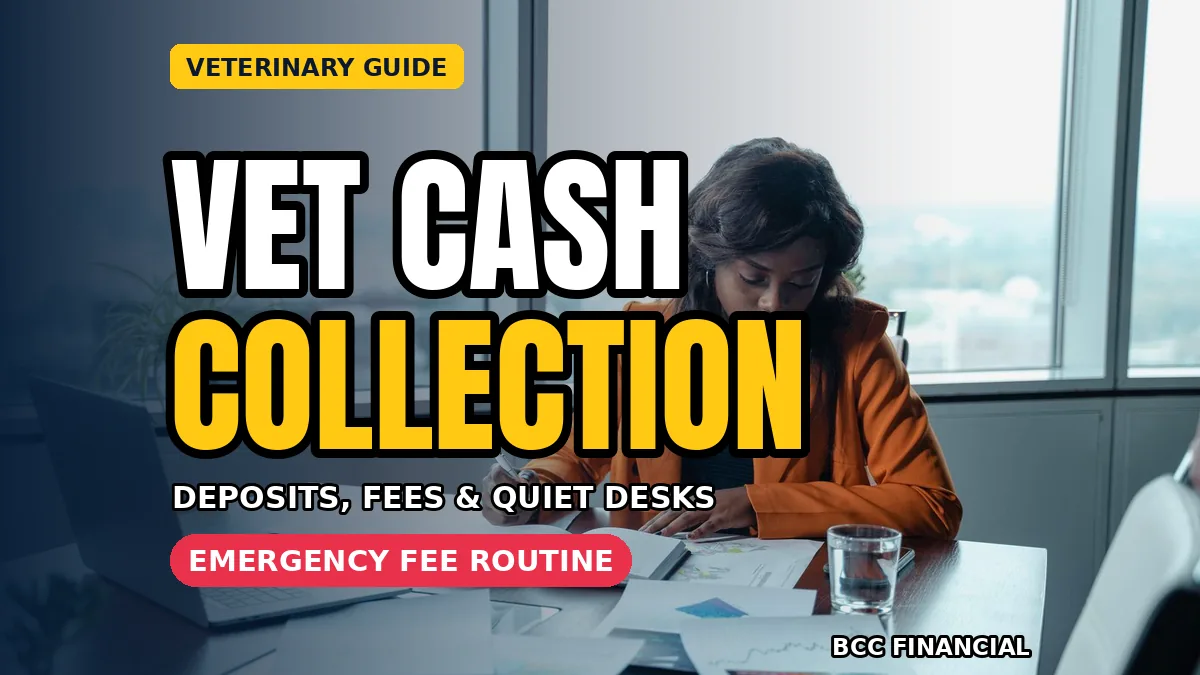 Veterinary reception desk with the appointment book open and a sealed cash bag ready for the end-of-day count