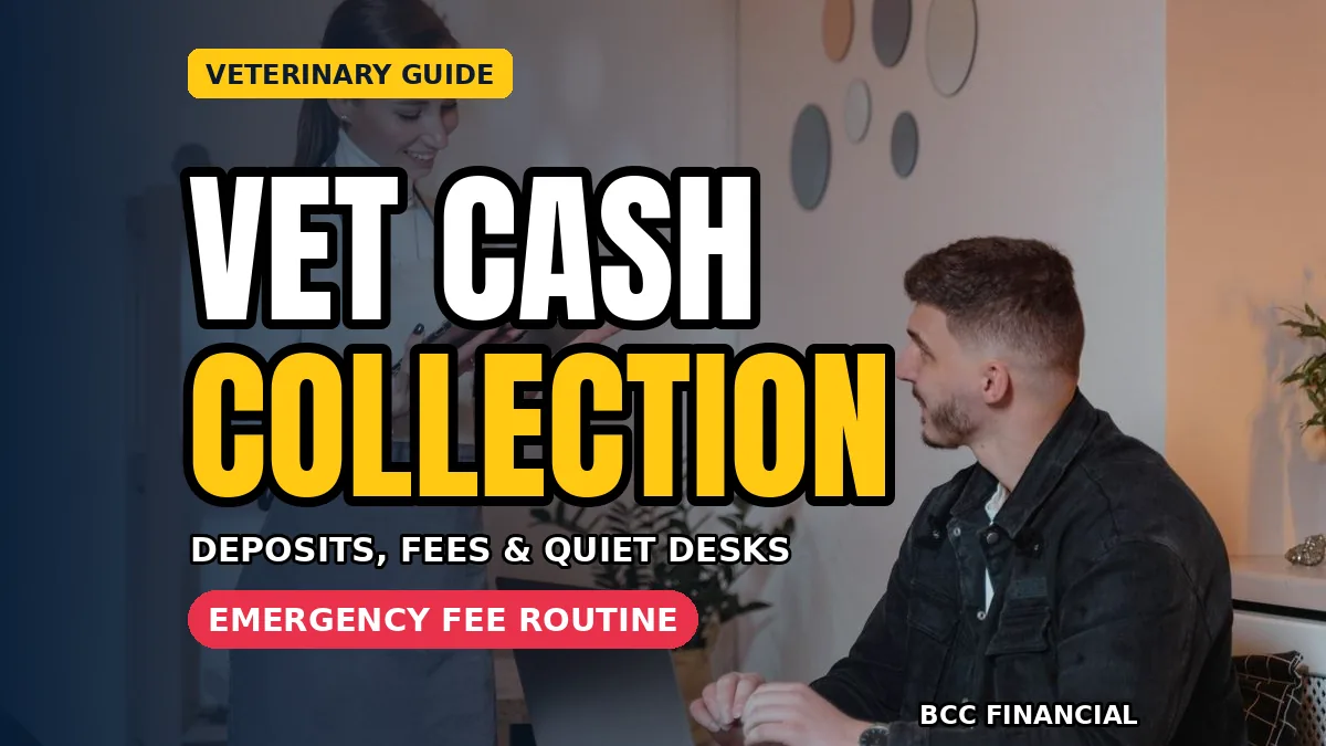 Receptionist at a veterinary practice desk, with headline text about a cash collection veterinary practice payments routine