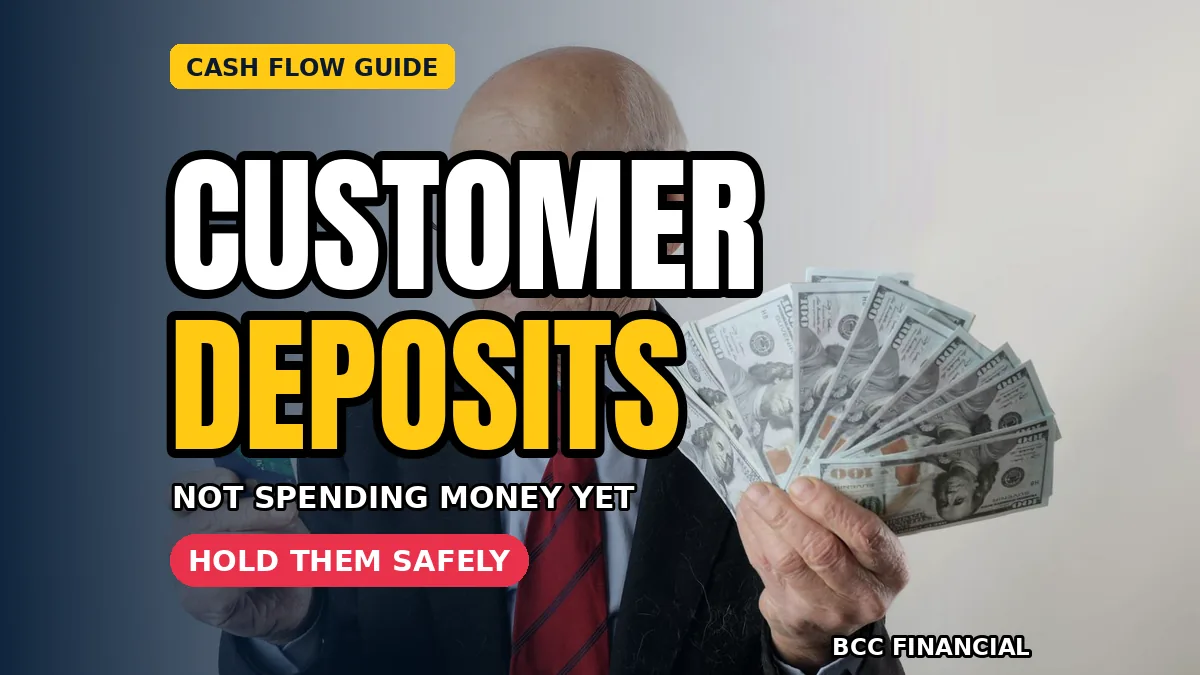 Business owner reviewing a deposits-held list, with headline text about holding customer deposits cash flow the safe way