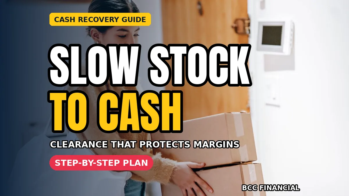 Retail owner reviewing sales records, with headline text about a slow moving stock clearance cash recovery routine