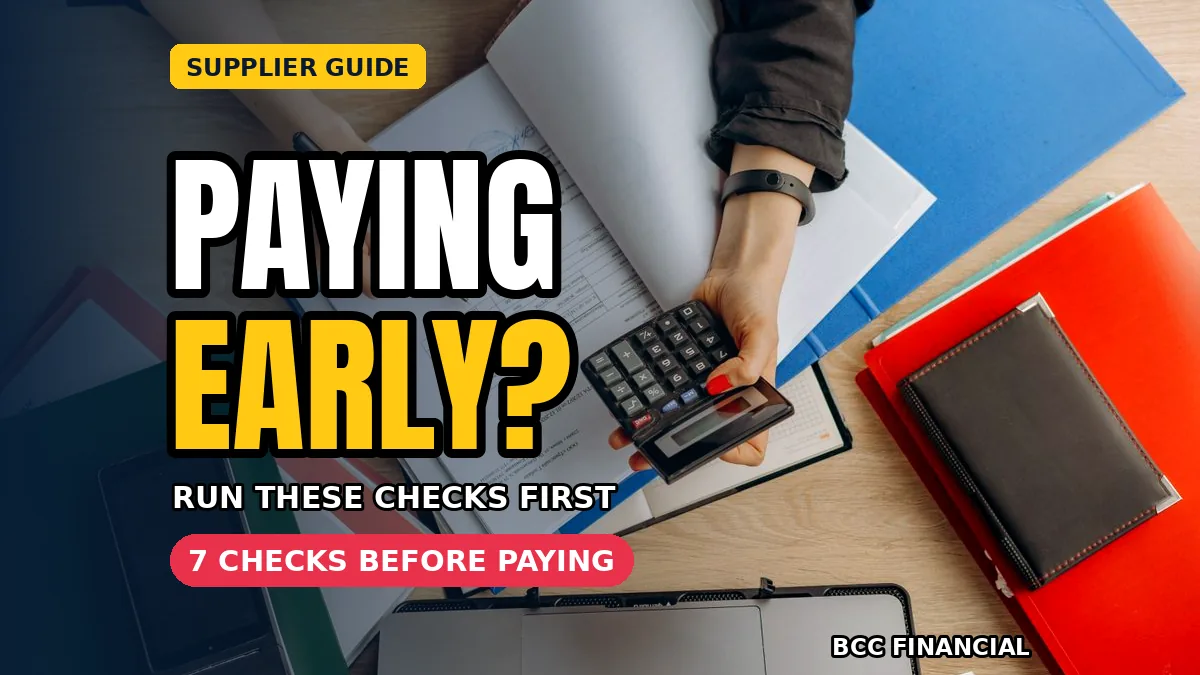 Small business owner reviewing paperwork with headline about paying supplier in advance checks before delivery to protect advance payments